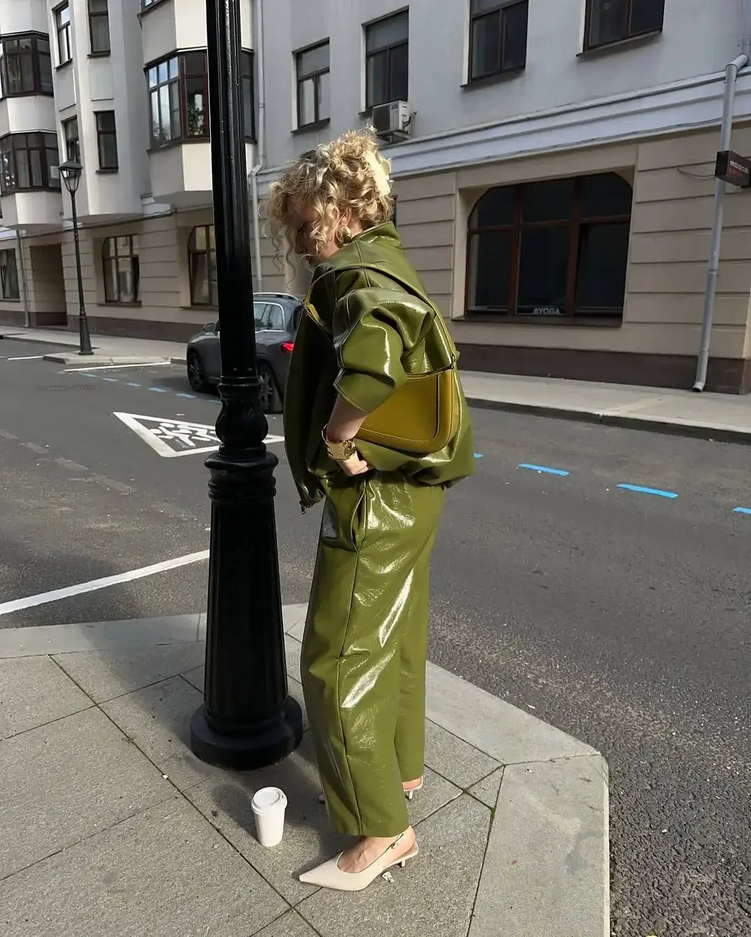Olive Green Solid Leather Jacket