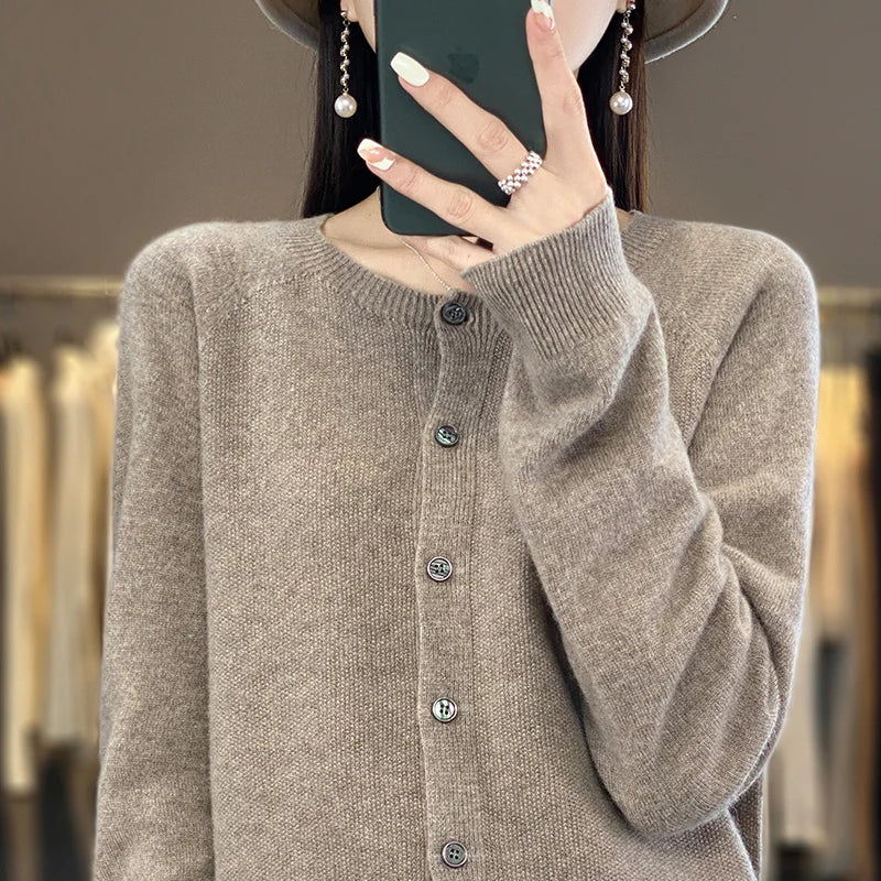 Cardigan Sweater O-Neck Button 100% Merino Wool