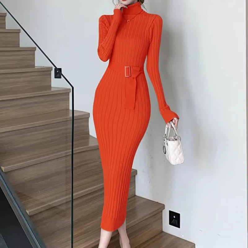 Maxi Dress 2024 Autumn Winter Turtleneck Sweater Dress
