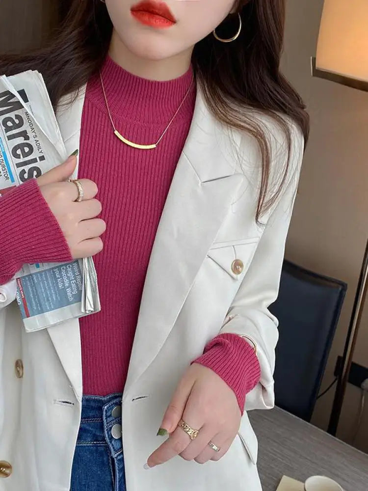 Autumn Winter Mock Neck Women Sweater Vintage