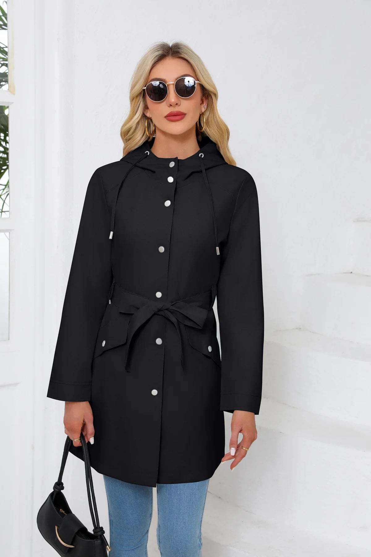 Hooded Water-repellent Jacket with Belt Thin Casual Loose Trench Coat