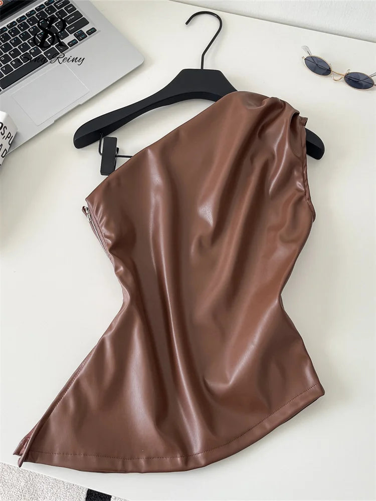 SINGREINY One Shoulder PU Leather Tank