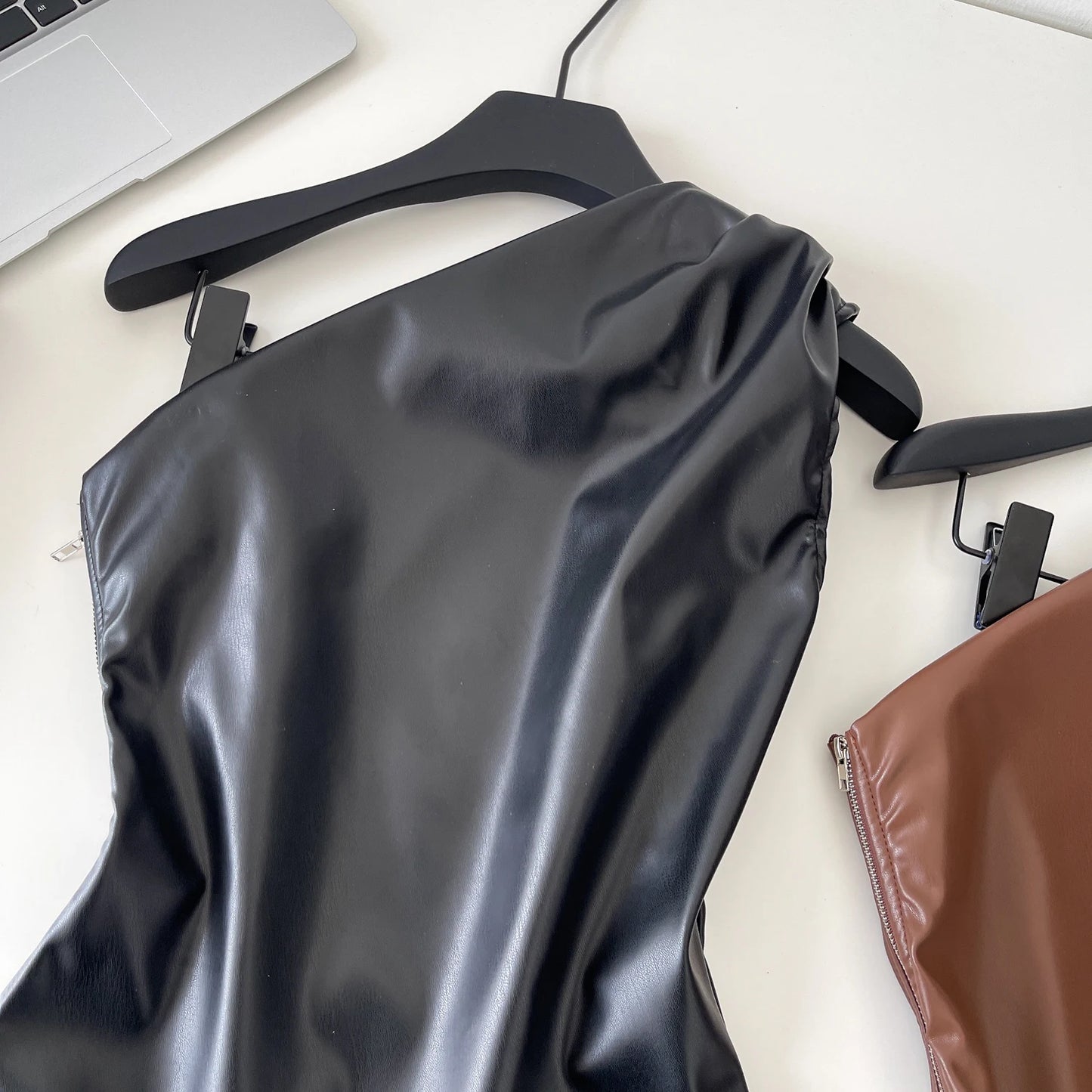 SINGREINY One Shoulder PU Leather Tank