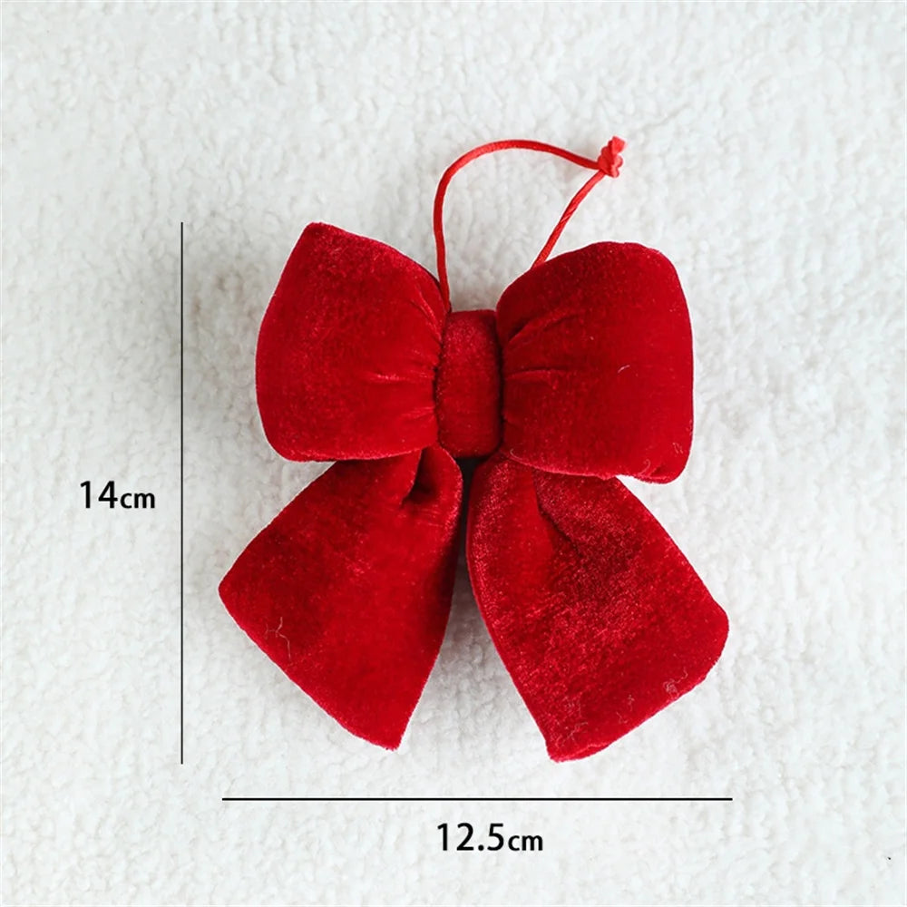 Christmas Bow Decoration Velvet Red Bow Knot Baubles Hanging Ornaments DIY Xmas Trees Pendant For Holiday Home Party Decorations