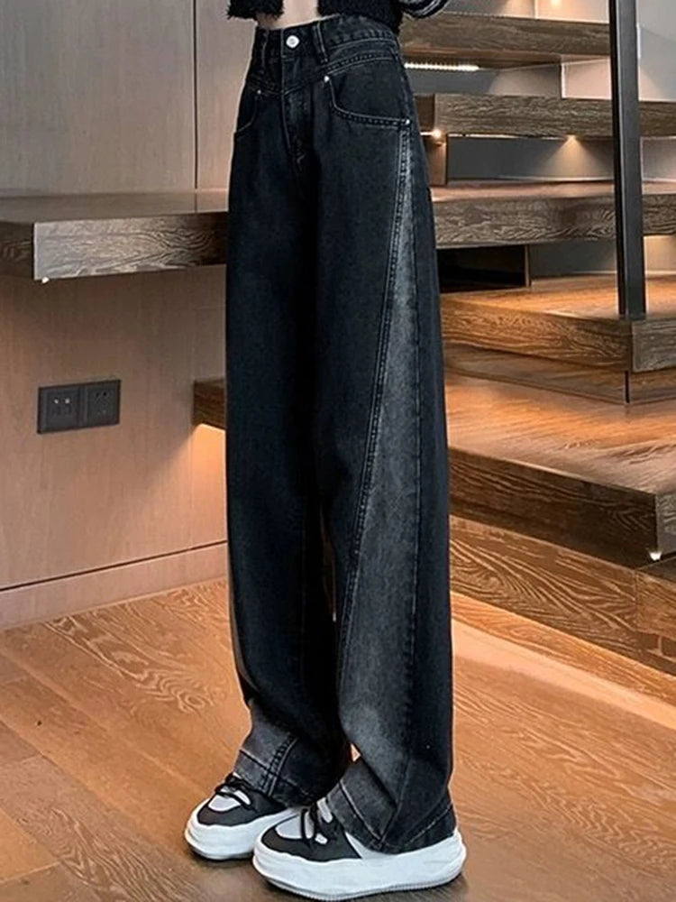 Woman High Waist Jeans Lady American High Street Patchwork