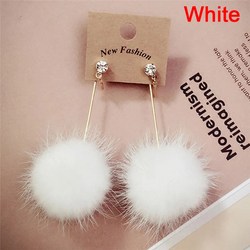 1Pair Soft Fur Ball PomPom Long Drop Earrings