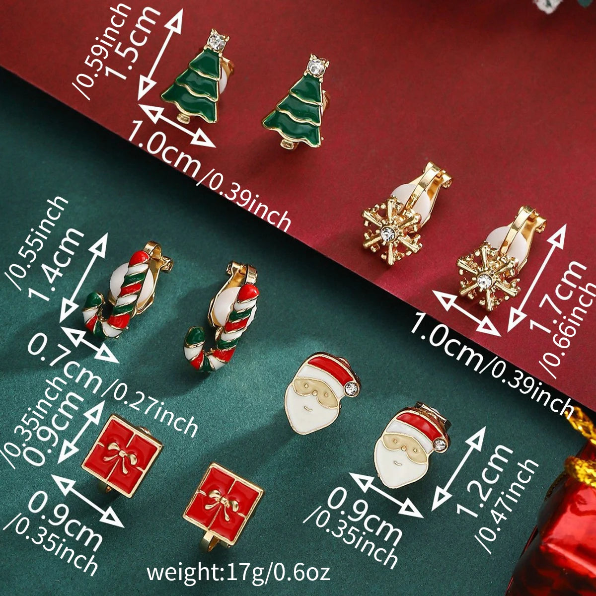 5 Pairs/Set Clip Earring for Women Small Cute Xmas Tree Snowflake Crutch Santa Claus