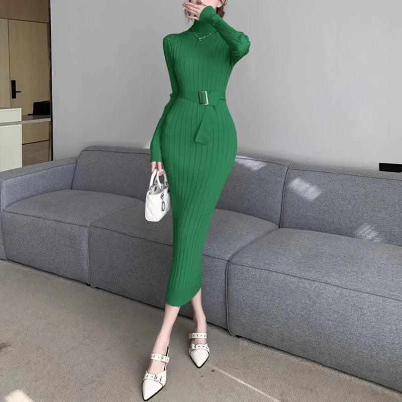 Maxi Dress 2024 Autumn Winter Turtleneck Sweater Dress