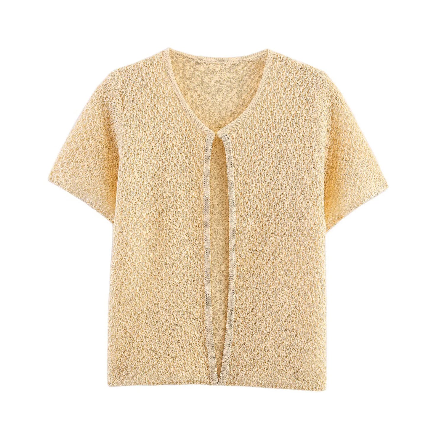 Simple Bead Decoration Round Neck Short Sleeve Knitted Top