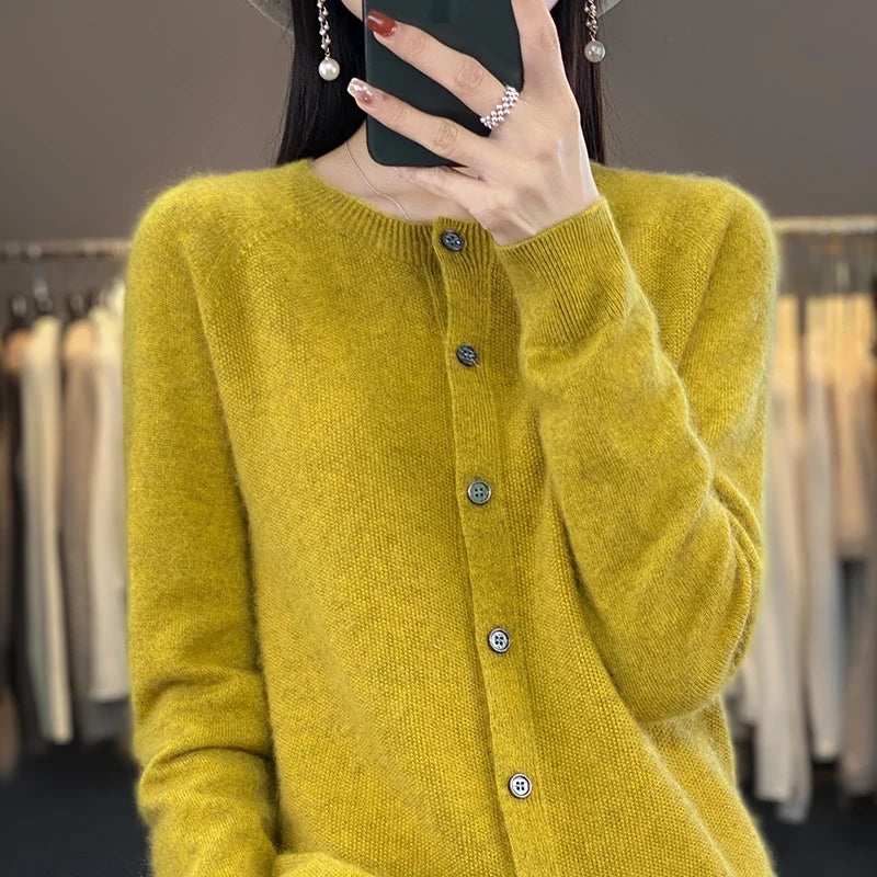 Cardigan Sweater O-Neck Button 100% Merino Wool