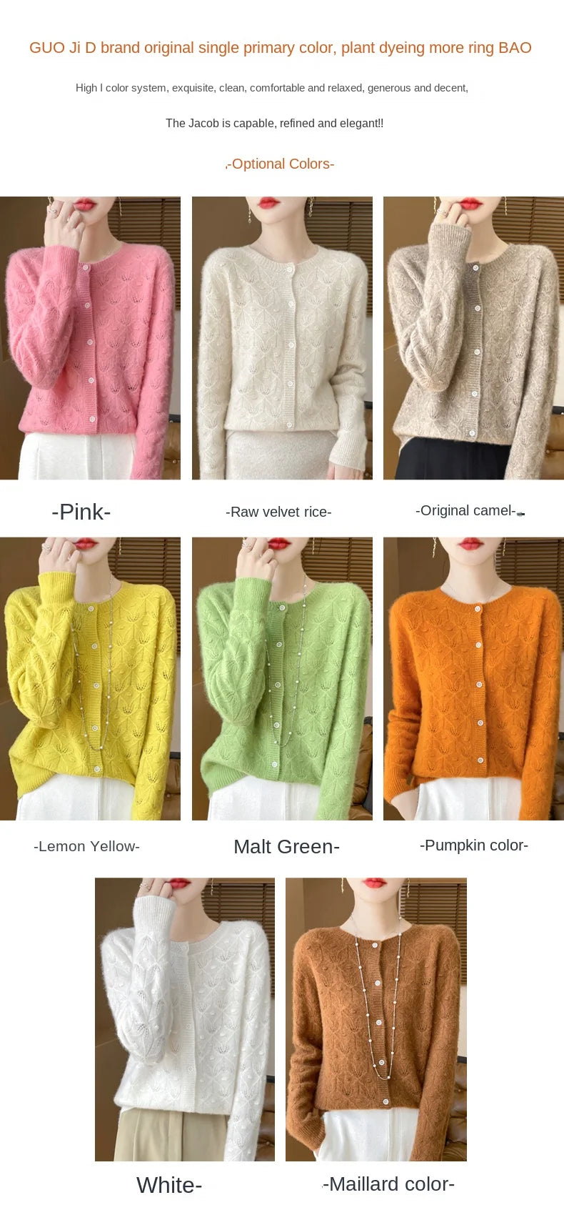 Round Neck Hollowed Out 100 Wool Knitted Cardigan