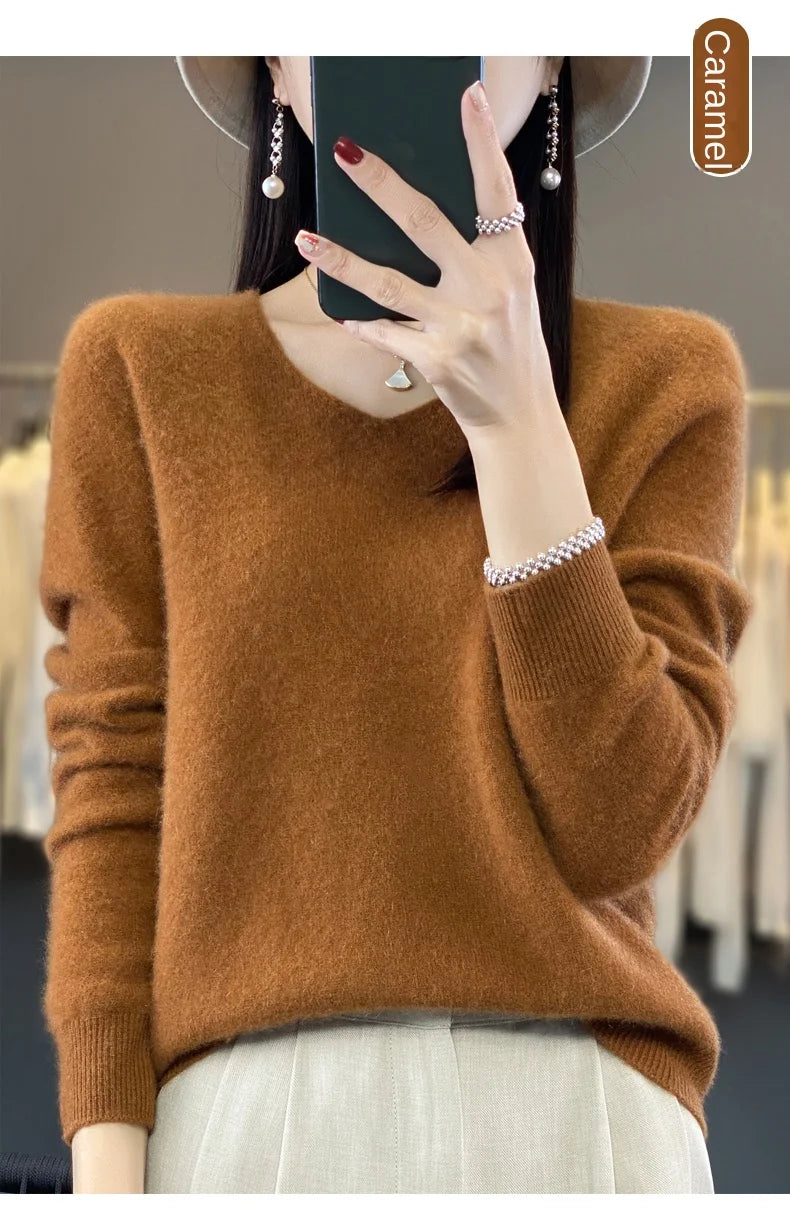 Merino Pure Wool V-neck Autumn And Winter Pullover Sweater