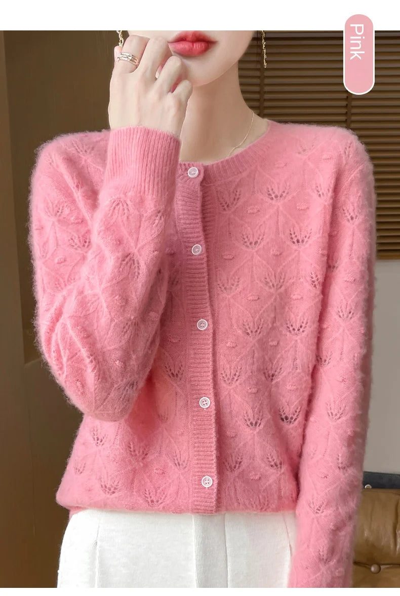 Round Neck Hollowed Out 100 Wool Knitted Cardigan