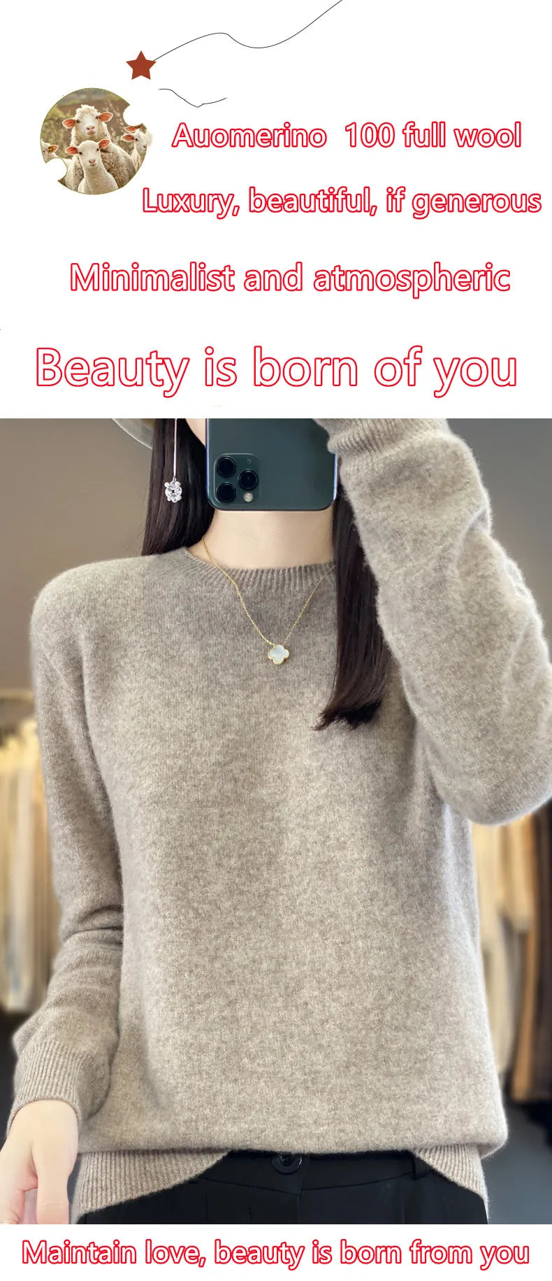 Wool Round Neck Top Fashion Versatile Knitted Loose Long Sleeve