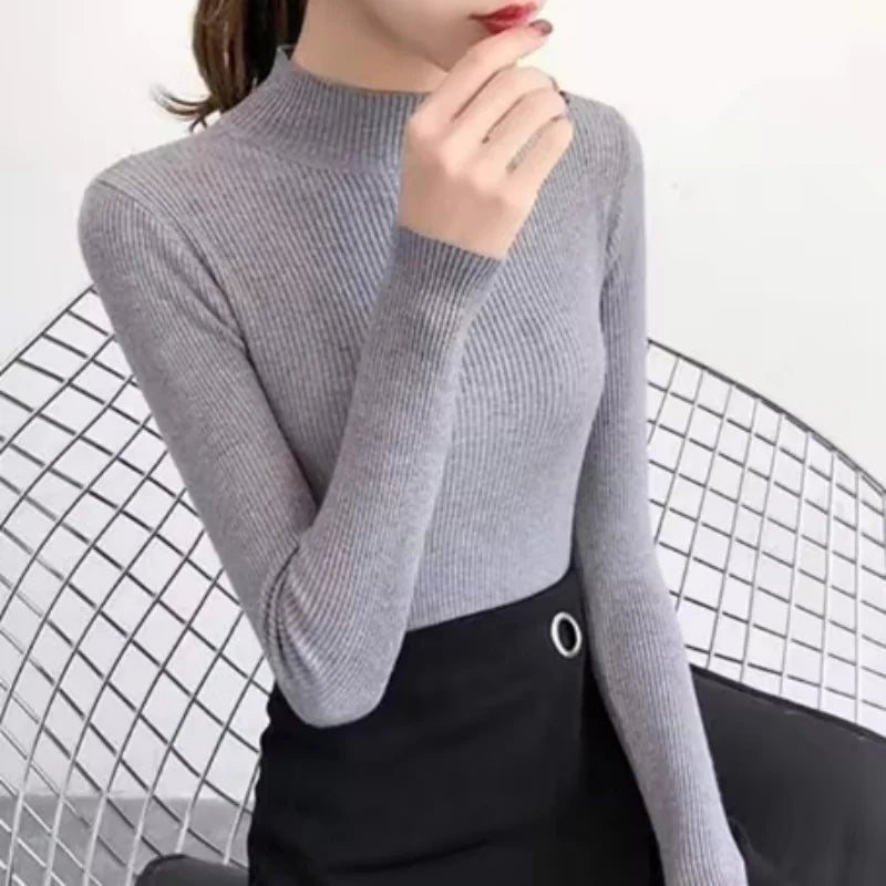 Autumn Winter Mock Neck Women Sweater Vintage Basic