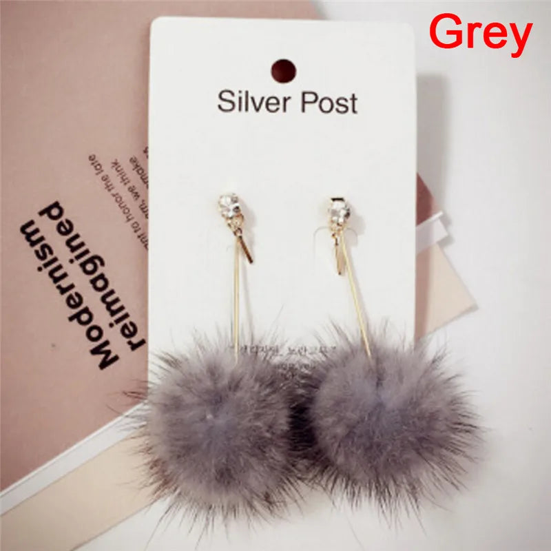 1Pair Soft Fur Ball PomPom Long Drop Earrings