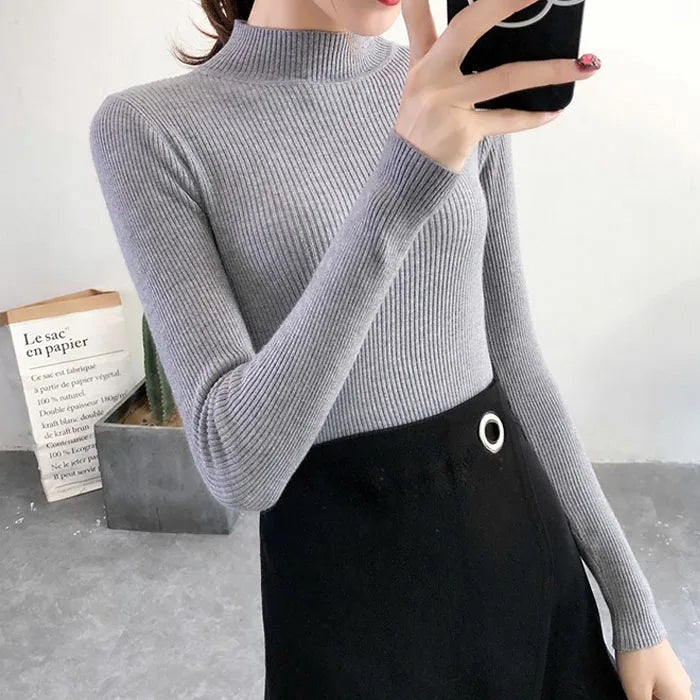 Autumn Winter Mock Neck Women Sweater Vintage