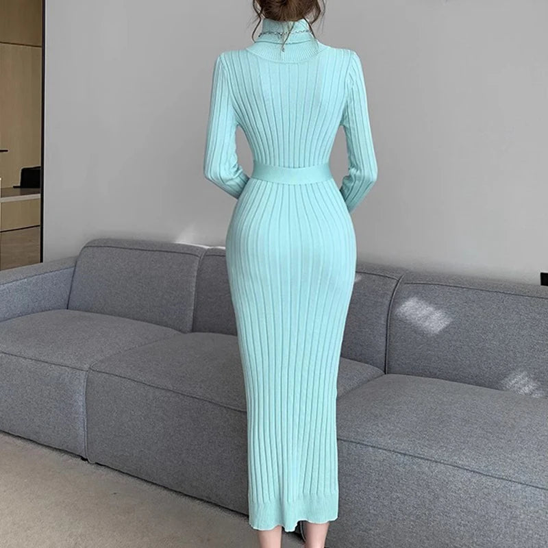 Maxi Dress 2024 Autumn Winter Turtleneck Sweater Dress