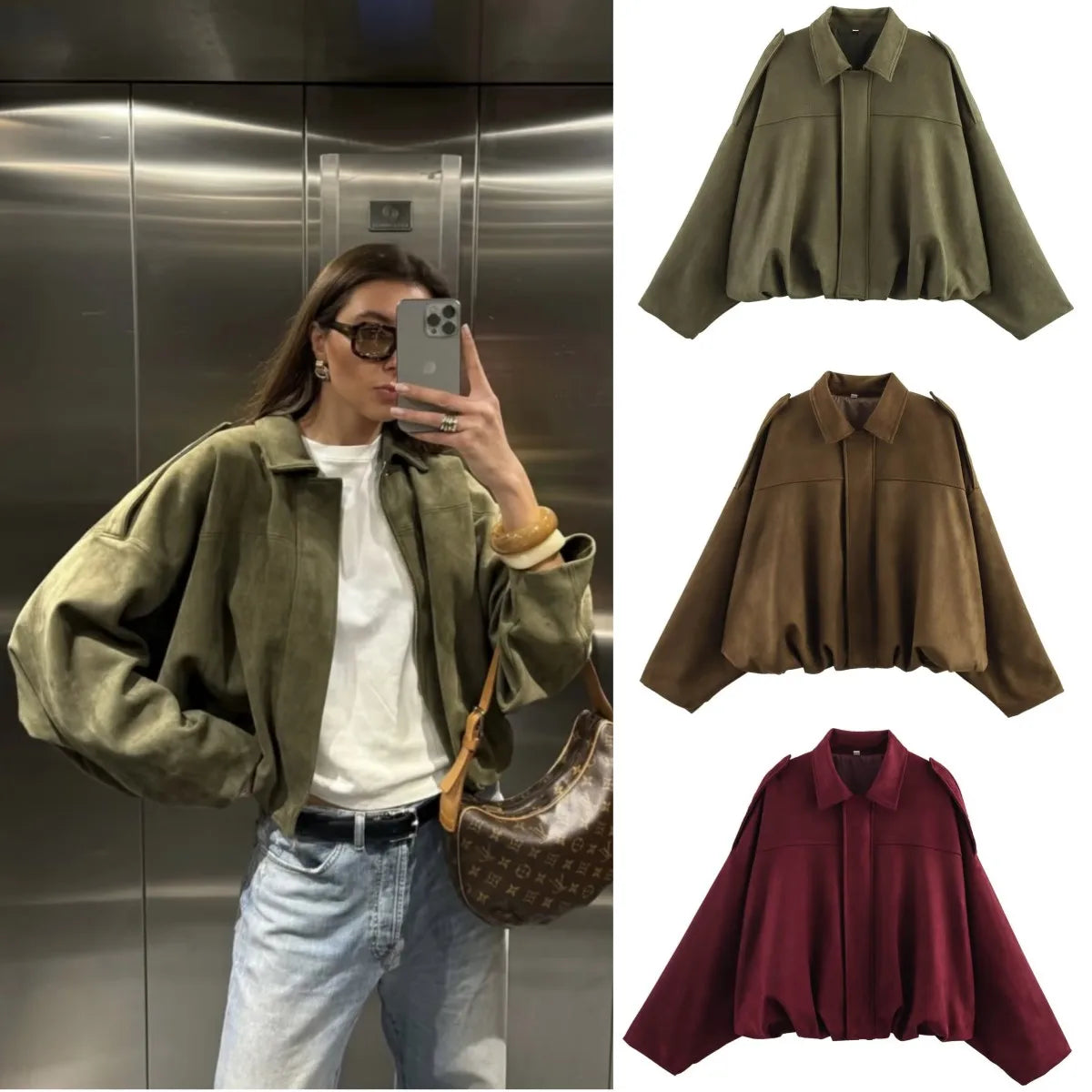 women's suede texture effect Loose version of fashion lapel shoulder bomber jacket