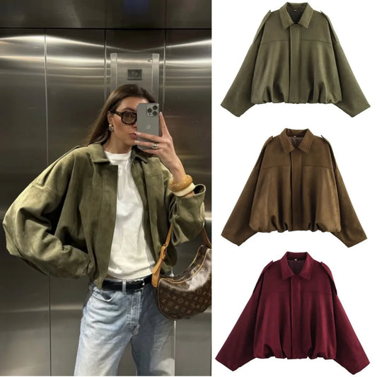 women's suede texture effect Loose version of fashion lapel shoulder bomber jacket