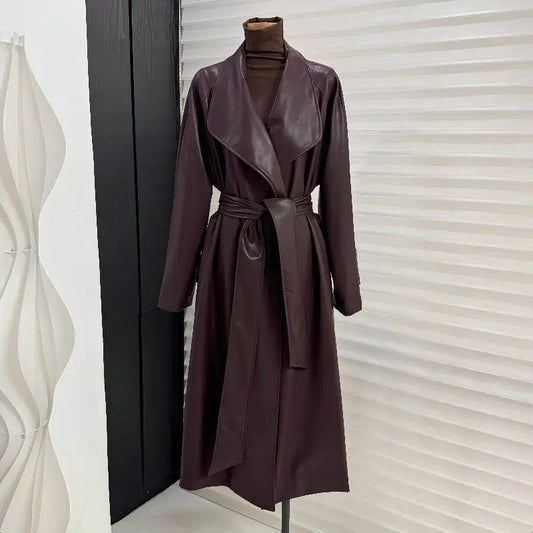 French temperament large lapel collar medium and long leather jacket