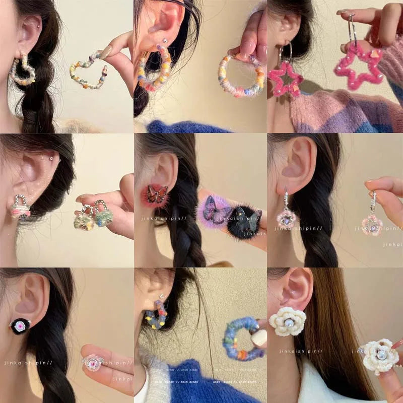 KADRUFI Women Korean Fashion Winter White Plush Stud Earrings