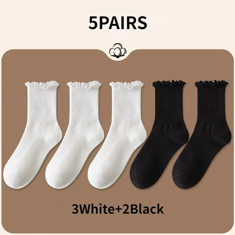 5 pair /Lot Socks for Women Ruffle Cotton Middle Tube Ankle