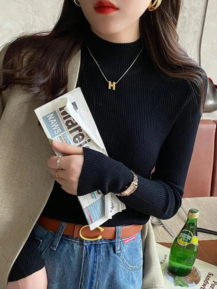 Autumn Winter Mock Neck Women Sweater Vintage