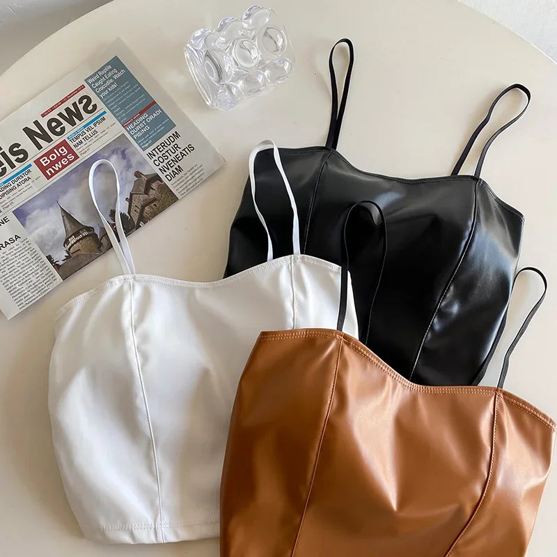 Women PU leather camis underwear padded bra