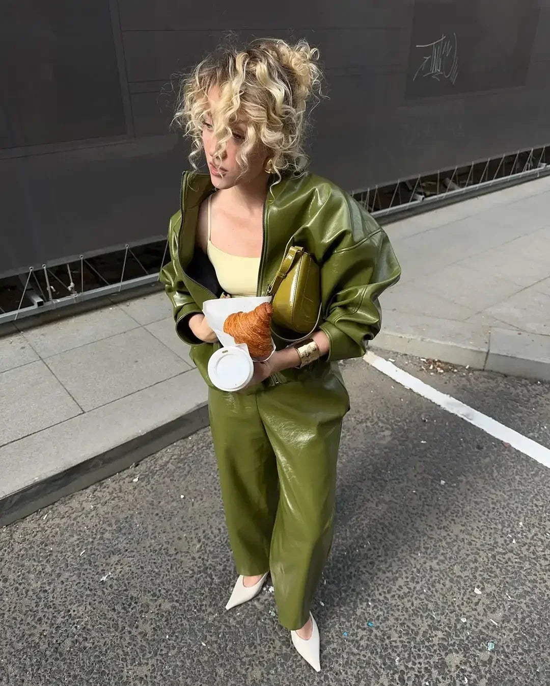 Olive Green Solid Leather Jacket